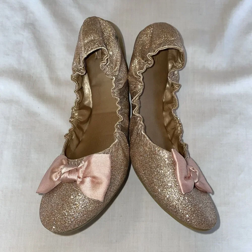 New York & Co. Ballet Slippers Womens Size 9 Medium Pink Glitter Bow Toe Slip On